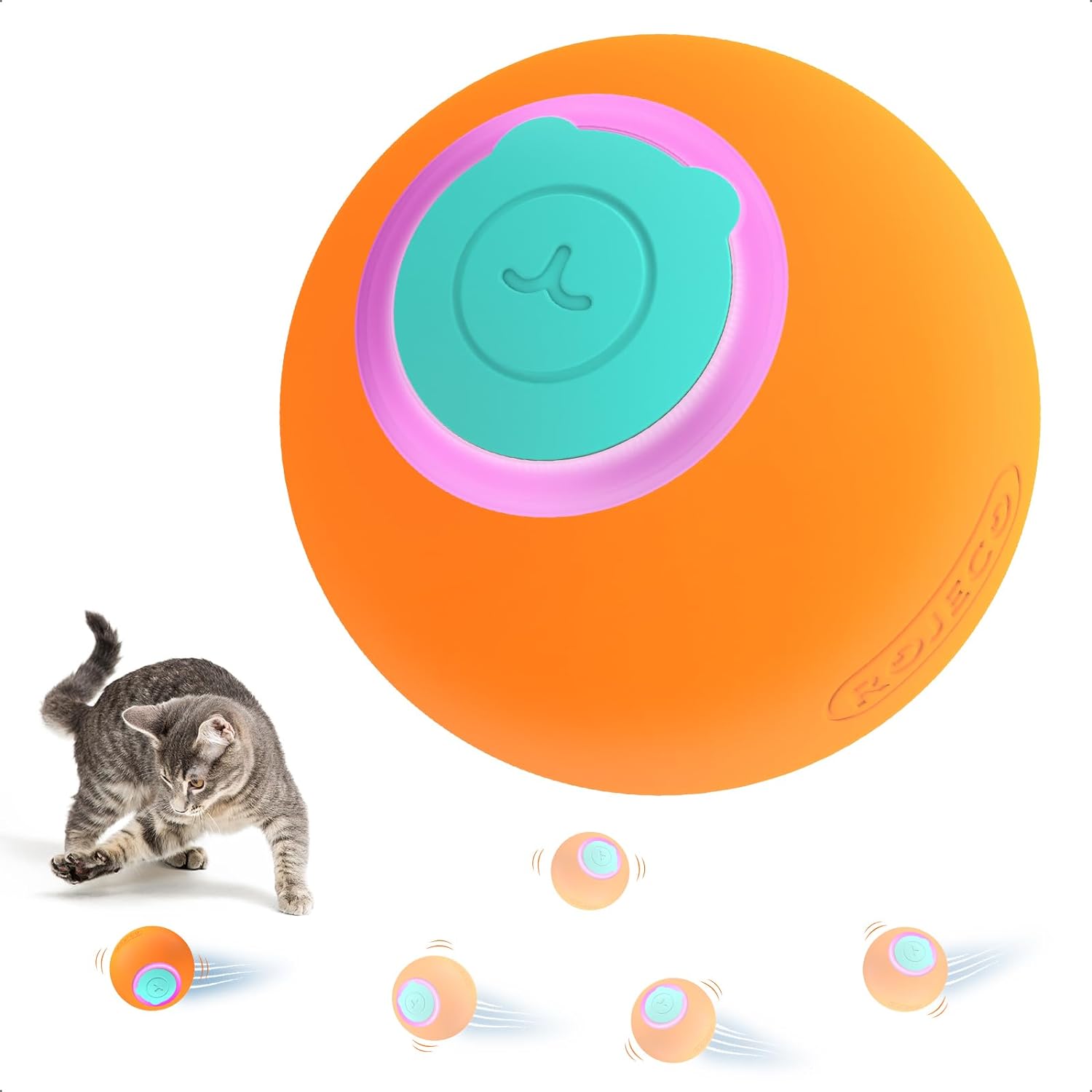 ROJECO Cat Ball Toy with 3 Interactive Modes, Automatic Rolling Interactive Ball Toys for Indoor Cat Kitten, Smart Cat Toy Anti-Depression Pet Fun Lights Toy Gift for Cats Orange Color