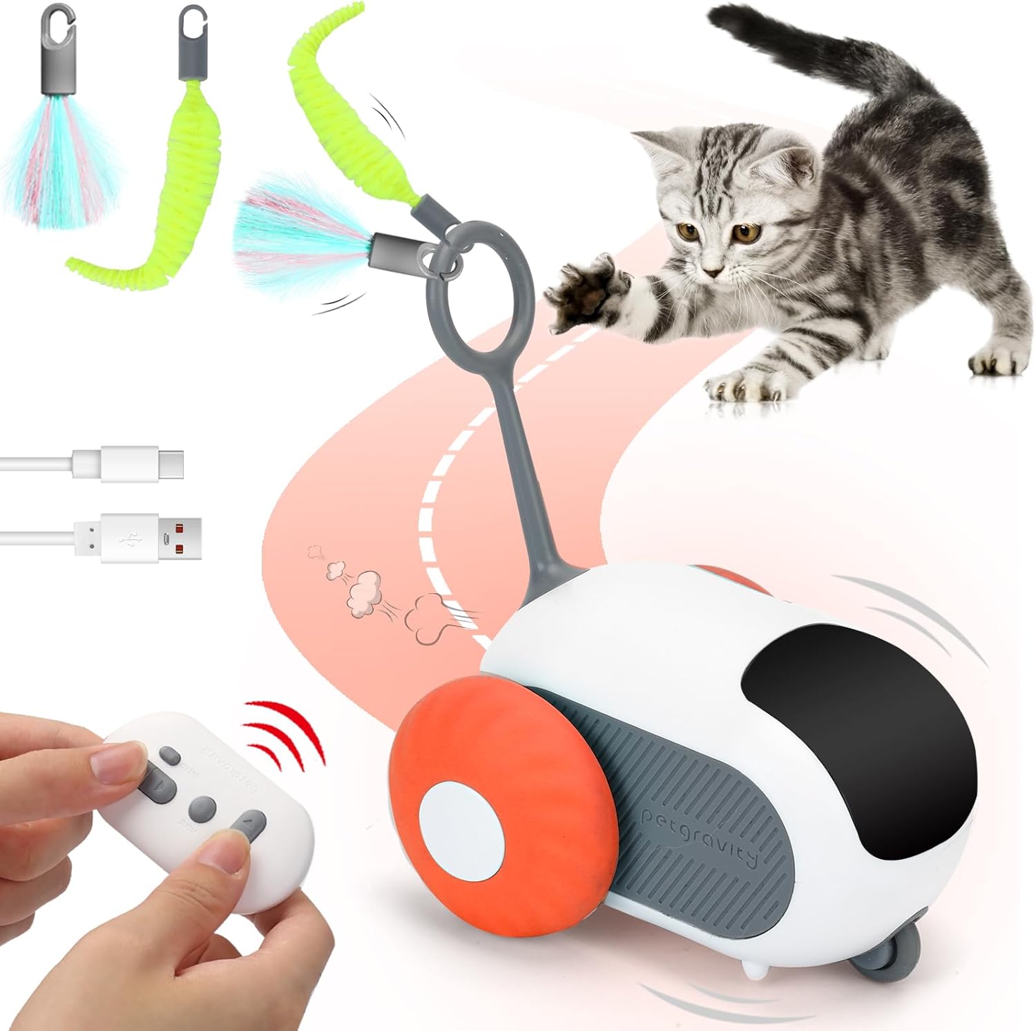 Turbo Tail 3.0 Cat Toy, Remote Control Cat Toy with 2-Speed Adjustment, Interactive Cat Toys for Indoor Cats, Automatic Cat Toys, Moving Smart Cat Toy with USB Rechargeable for Bored Cat (Orange)