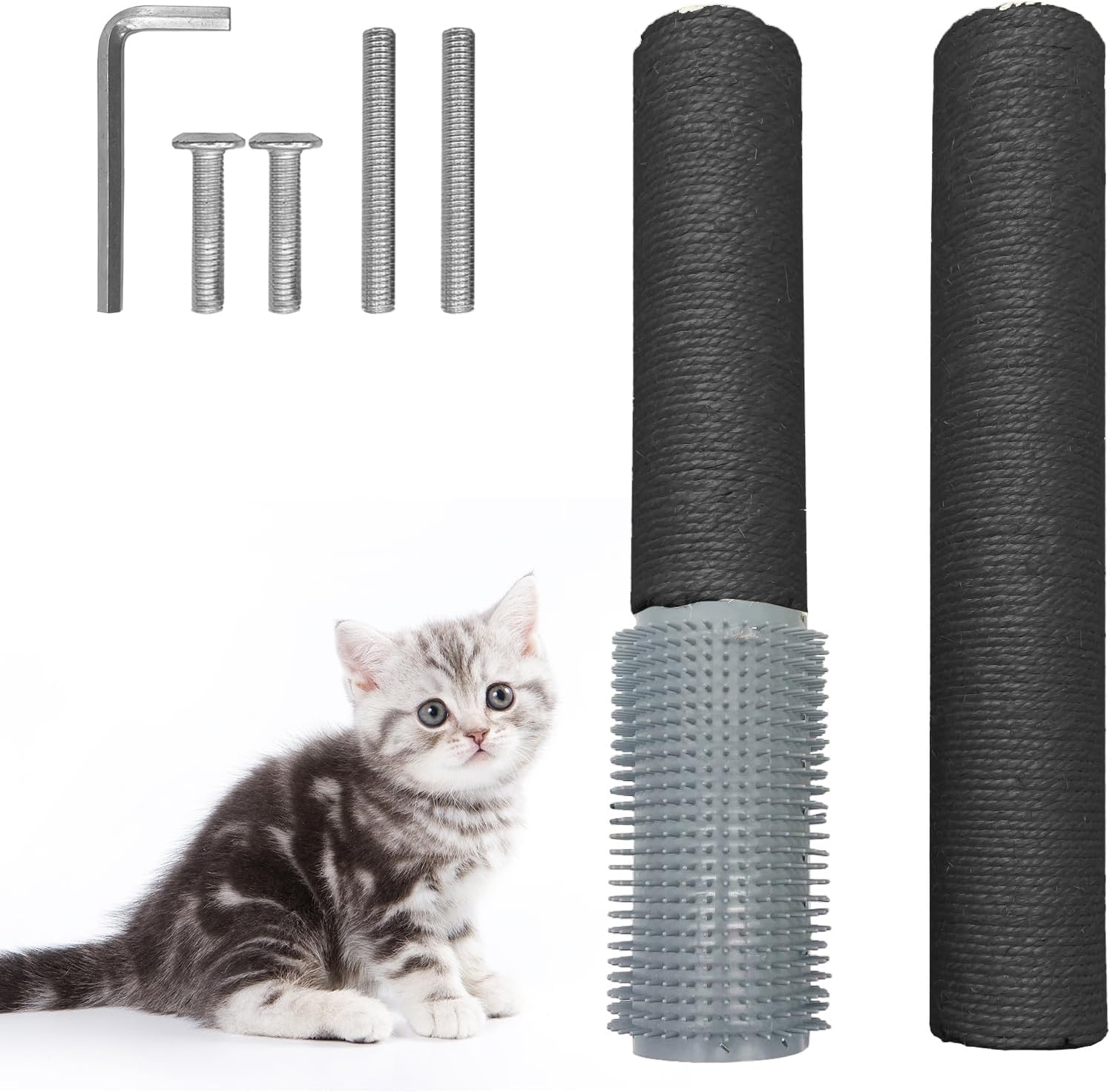 Fhiny 2PCS Cat Scratching Post Replacement, 15.7inch M8 Natural Sisal Cat Scratch Post with Cat Self Groomer Refill Pole Parts Kitten Climbing Furniture Protector Hemp Rope Scratcher for Spare Black