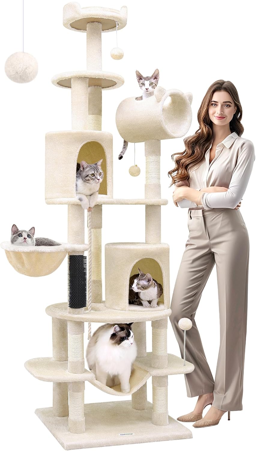 C81 Tall Cat Tower, Curved Series 81-inch Cat Condos for Indoor Cats Multiple Cats Unique Cat Tree Tower with Scratching Post, Hammock, Tunnel, Beige