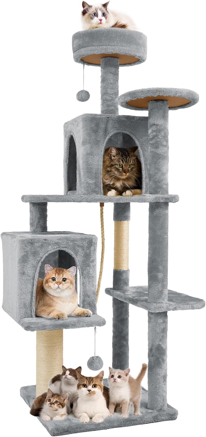 58 Inch Cat Tree Cat Tower for Indoor Cats Tall Cat Condos Scratching Post with Hanging Toy Cat Furniture for Kitten Pets Play, Grey