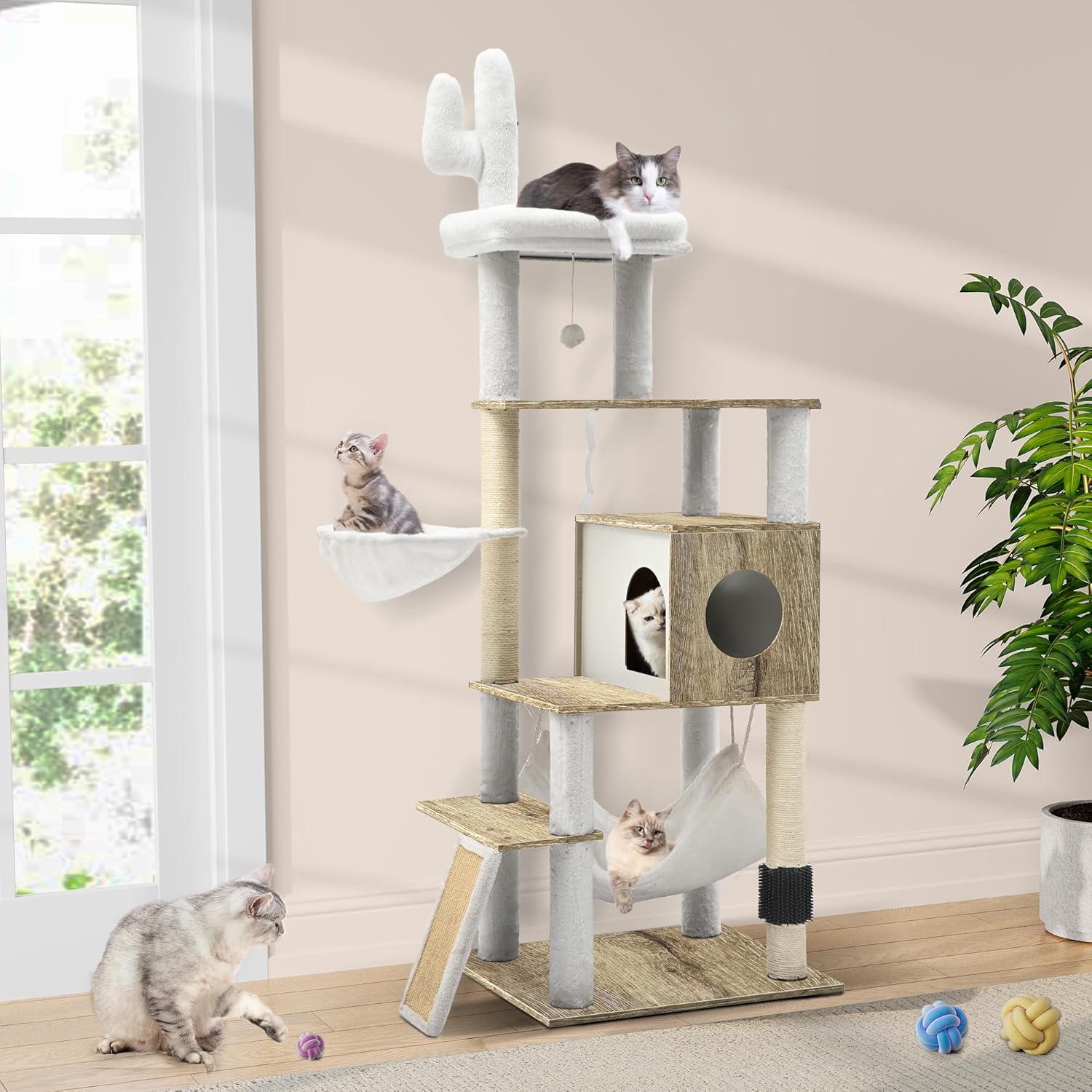 YITAHOME Modern Cat Tree for Indoor Cats with Self-Grooming Brush, 69″ Tall Wooden Cat Tower with Condo, Hammock, Scratching Post, Board, Removable Pads for Kittens Big Cats，Greige