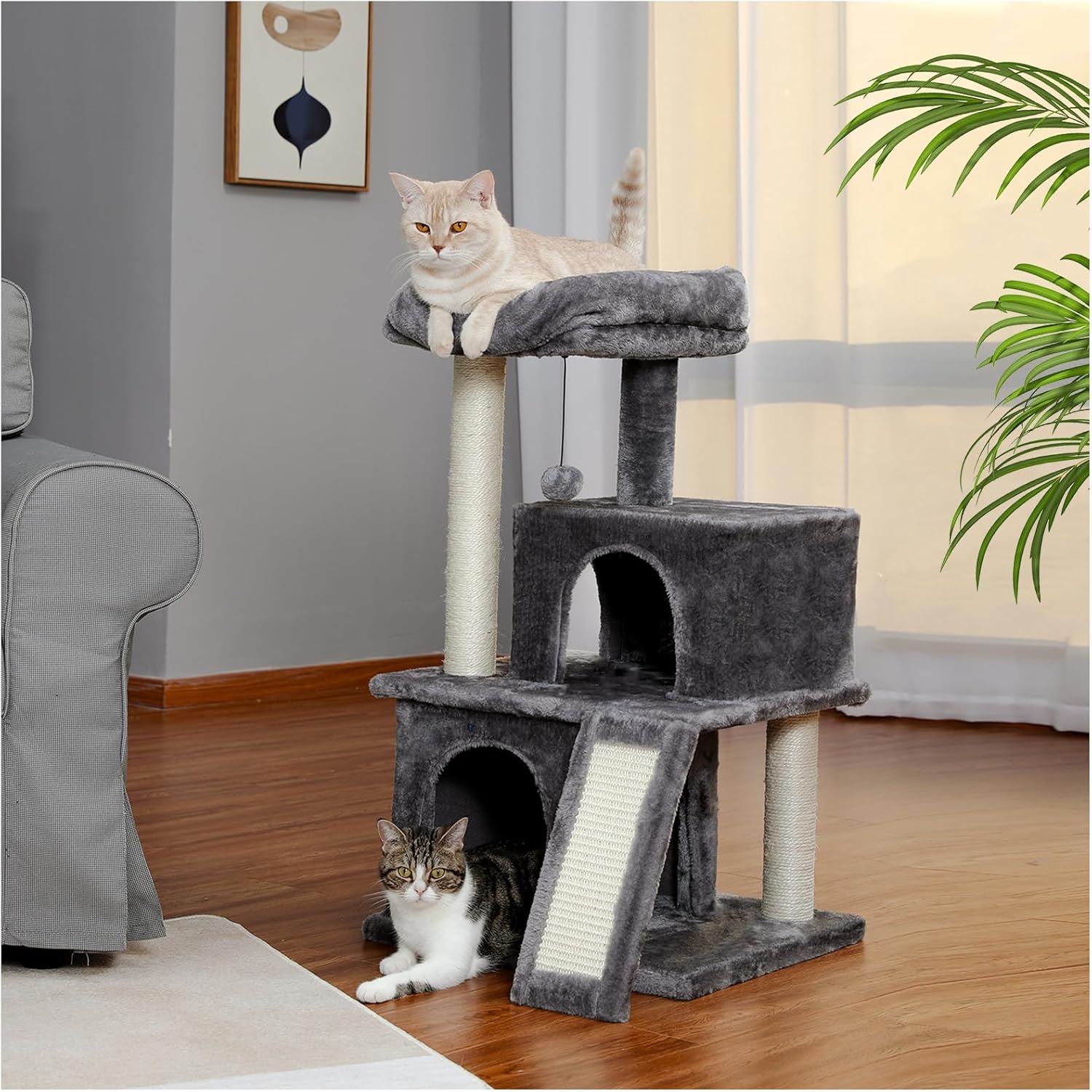 Cat Tree Luxury 34 Inches Cat Tower with Double Condos, Spacious Perch, Fully Wrapped Scratching Sisal Posts and Replaceable Dangling Balls Beige (34 Inches,Gray)