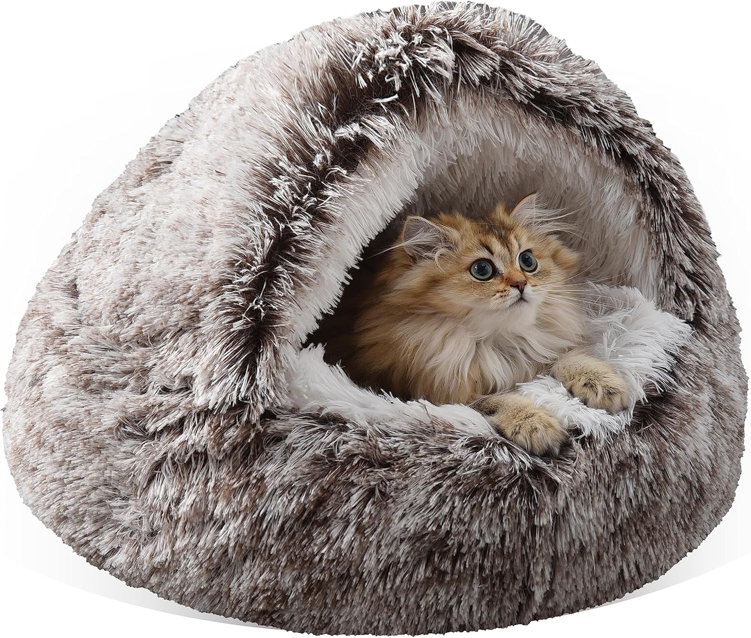 Cat Bed Round Plush Fluffy Hooded Calming Cat Bed Cave,Self Warming pet Bed with non-collapsed Cover for Indoor Cats or Small Dogs,Washable,Anti-Slip Waterproof Bottom,20″,Gradual coffee